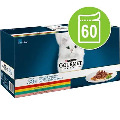 Caja de Purina Gourmet Perle filettini en salsa para gatos, 60 sobres de 85 g. Variedades: con pollo, pavo, conejo y salmón. Imagen de un gato blanco y plato con comida.