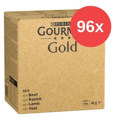 Caja Purina Gourmet Gold, 96x85 g. Pâté con beef, rabbit, lamb y veal. Texto visible en inglés en el envase.