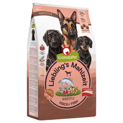 GranataPet Liebling's Mahlzeit Sensitive Fisch, crocchette per cani. Testo visibile: 24% proteine, 14% grassi, made in Austria. Immagini di pesce, melograno e tre cani.