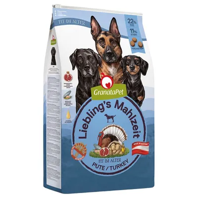 Sacchetto di crocchette per cani GranataPet Liebling’s Mahlzeit Pute/Turkey, Fit im Alter, 22% proteine, 11% grassi, ingredienti visibili: semi di melograno, olio di salmone, made in Austria.