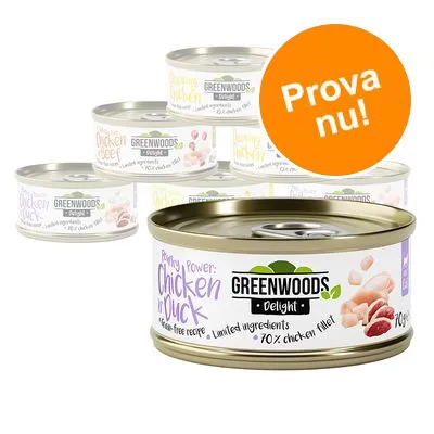 Flera burkar Greenwoods Delight våtfoder, främre burk med texten 'Chicken in Duck', 70 % chicken fillet. Orange cirkel med texten 'Prova nu!'. Flera burkar Greenwoods Delight våtfoder, främre burk med texten 'Chicken in Duck', 70 % chicken fillet. Orange cirkel med texten 'Prova nu!'.
