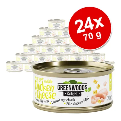 Lot de 24 boîtes Greenwoods Delight Chicken n' Cheese, 70 g chacune. Texte visible : grain-free recipe, limited ingredients, 70% chicken fillet.