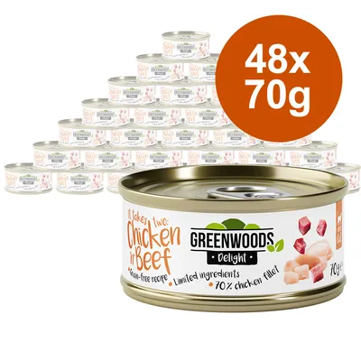 Greenwoods Delight Nassfutter, Sorte Chicken n' Beef, getreidefrei, 70% Hühnerfilet, 48 Dosen à 70g.
