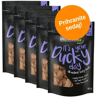 Več paketov priboljškov Greenwoods It's your Ducky day, 97 % duck breast, 100 g. Oranžni krog z besedilom: Prihranite sedaj! Vidno: gently freeze-dried, free from grains.