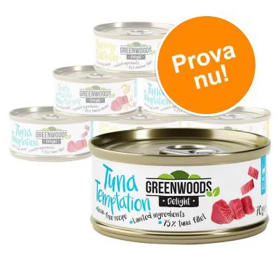 Flera burkar Greenwoods Delight kattmat, främst Tuna Temptation med texten '75 % tuna fillet'. Orange cirkel med texten 'Prova nu!'.