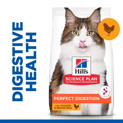Hill's Science Plan Perfect Digestion suha hrana za mačke, s piletinom i smeđom rižom. Tekst: Digestive Health, ActivBiome+, veterinarian recommended.