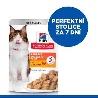 Hill's Science Plan Perfect Digestion Adult 1+ with Chicken, Chunks & Gravy. Perfektní stolice za 7 dní. Na obalu kočka a kousky krmiva na talíři.
