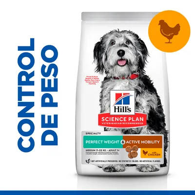 Hill's Science Plan Perfect Weight & Active Mobility para perros medianos 11–25 kg, adulto 1+, con pollo. Texto visible: CONTROL DE PESO. Imagen de un perro en el envase.