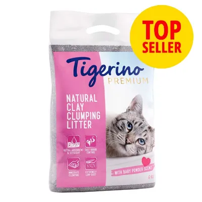 Tigerino Premium Natural Clay Clumping Litter, ultra absorbent & efficient, fast odour control, immediate clumping, extremely low-dust, with baby powder scent, 6 kg. Top Seller.