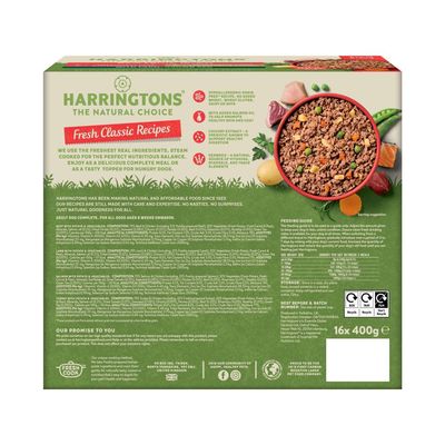 Harringtons Fresh Classic Recipes with hypoallergenic grain, salmon oil, chicory extract, seaweed. Feeding guide and ingredients list shown. Pack contains 16 trays of 400g each.