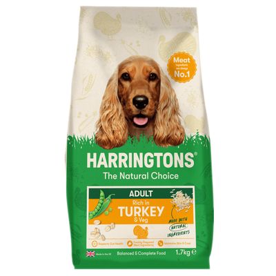 Adult dog food benefits: turkey for protein, prebiotic FOS for digestion, seaweed for oral hygiene and nutrients, vitamin E for immune system, yucca to reduce flatulence odours.