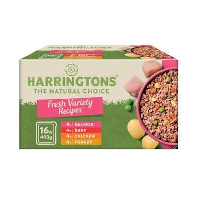 Box showing 16 x 400g packs with four each of salmon, beef, chicken and turkey recipes. Label reads 'Fresh Variety Recipes'.