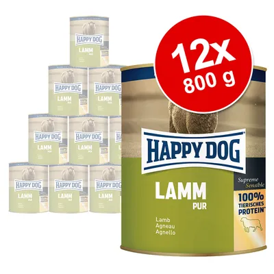 Набор из 12 банок по 800 г Happy Dog Lamm Pur, 100% tierisches Protein, вкус ягненка. Видна надпись Supreme Sensible и изображение овцы на упаковке.