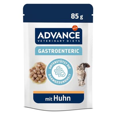 Advance Veterinary Diets Gastroenteric med kyckling, stödjer tarmhälsan, förpackning med 12 x 85g, totalvikt 1,020 kg.