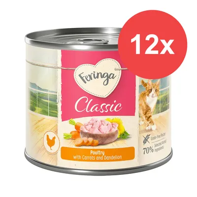 Feringa Classic Poultry with Carrots and Dandelion, 12x. Bezzbożowa receptura, 70% wyselekcjonowanych składników zwierzęcych. Na etykiecie kot i marchewki.