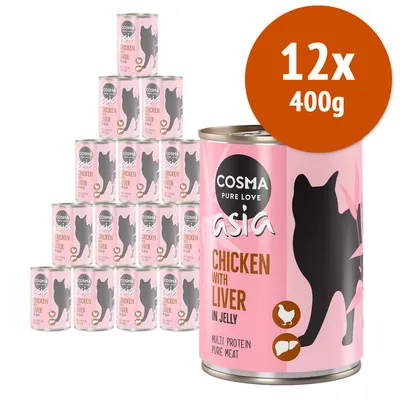 12 lattine da 400 g Cosma Asia Chicken with Liver in Jelly, confezione rosa con silhouette di gatto e testo: multi protein pure meat.