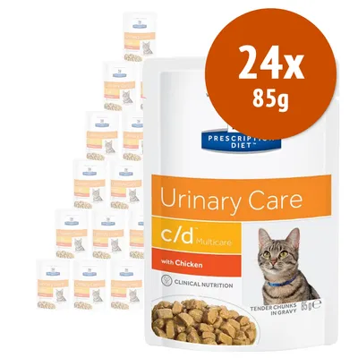 Confezione da 24x85g Hill's Prescription Diet Urinary Care c/d Multicare with Chicken per gatti, pezzi in salsa. Testo visibile: 'CLINICAL NUTRITION', 'TENDER CHUNKS IN GRAVY'.
