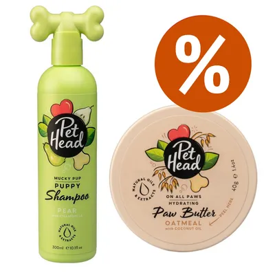 Pet Head Mucky Pup Puppy Shampoo pera e camomilla 300 ml e Pet Head Paw Butter avena e olio di cocco 40 g, simbolo percentuale per offerta.