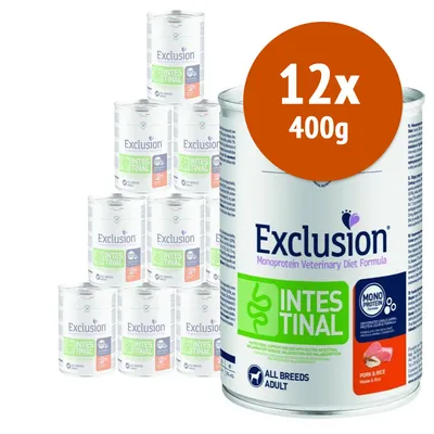 12 lattine da 400 g di Exclusion Intestinal Monoprotein Veterinary Diet Formula, visibile testo: 'ALL BREEDS ADULT', 'PORK & RICE', 'MONOPROTEIN', etichetta verde e blu.