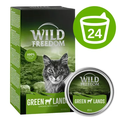 Wild Freedom Green Lands, chicken with lamb, 6 x 85 g. 100% grain-free recipe. Opakowanie i puszka karmy dla kota, widoczna ikona 24 sztuki.