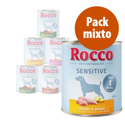 Pack mixto de latas Rocco Sensitive. Visible: pollo y patata, pavo y patata, cordero y arroz, carne de caza y pasta. Texto destacado: Pack mixto.