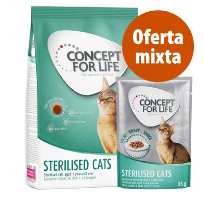 Oferta mixta Concept for Life Sterilised Cats. Paquete de pienso y sobre húmedo para gatos esterilizados, texto visible en inglés y alemán.