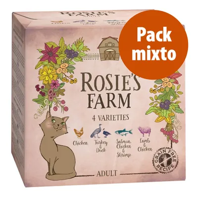 Rosie's Farm Pack mixto 4 variedades: Chicken, Turkey & Duck, Salmon Chicken & Shrimp, Lamb & Chicken. Adult. Grain Free Recipe. Imagen de un gato y flores en el envase.