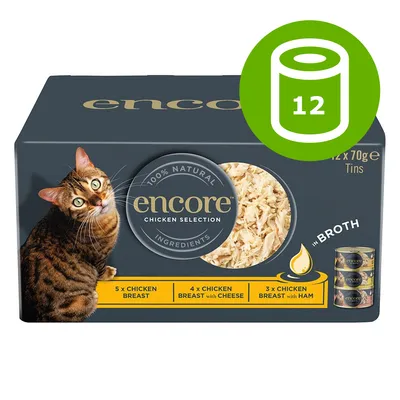 Encore Chicken Selection 12 x 70 g dåser, 5 x chicken breast, 4 x chicken breast with cheese, 3 x chicken breast with ham, 100% natural ingredients, billede af kat og dåsemad