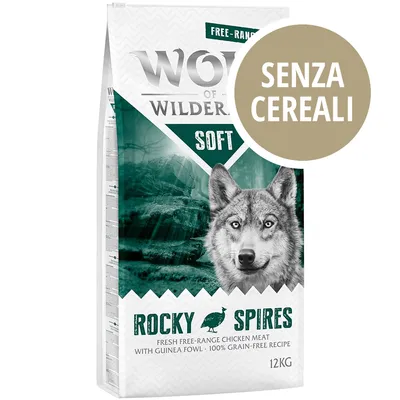 Wolf of Wilderness Soft Rocky Spires, senza cereali, 12 kg, fresh free-range chicken meat with guinea fowl, 100% grain-free recipe visibile sulla confezione. Wolf of Wilderness Soft Rocky Spires, senza cereali, 12 kg, fresh free-range chicken meat with guinea fowl, 100% grain-free recipe visibile sulla confezione.