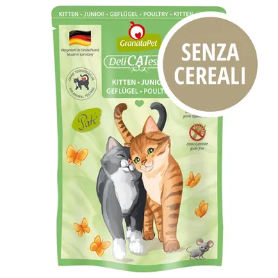 GranataPet DeliCATessen Paté per gattini, junior, pollame. Senza cereali. Prodotto in Germania. Senza test sugli animali. Testo visibile: 'SENZA CEREALI'.
