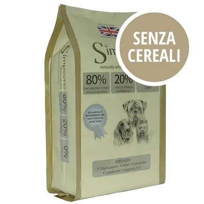 Simpsons Premium, sacco con scritta 'SENZA CEREALI', 80% pollo/pesce/tacchino, 20% frutta/verdura/botanici, per cani adulti. Con glucosamina, MSM, condroitina, mirtilli rossi, prebiotici FOS.