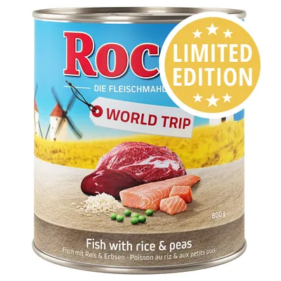 Rocco World Trip Limited Edition, 800 g, pesce con riso e piselli. Testo visibile: Fish with rice & peas, WORLD TRIP, LIMITED EDITION.
