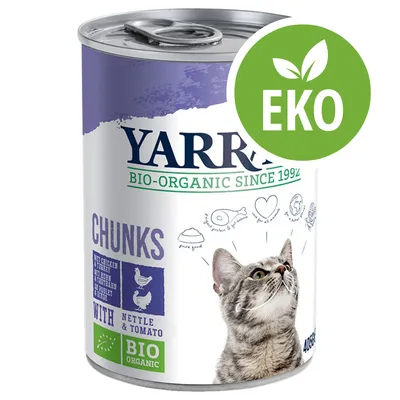 Yarrah BIO-ORGANIC SINCE 1992, CHUNKS with nettle & tomato, bild på katt, EKO-märke, text: BIO ORGANIC. Synlig burk med draglock, vikt ej synlig.