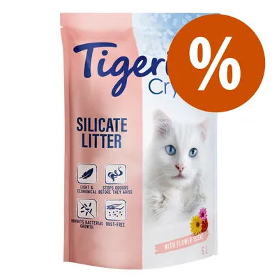 Tigerino Crystals Silicate Litter, lettiera per gatti 5L, con profumo di fiori. Testo visibile: light & economical, stops odours before they arise, inhibits bacterial growth, dust-free.