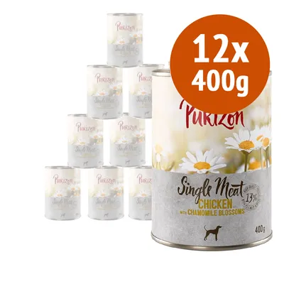 Purizon Single Meat Chicken with Chamomile Blossoms, confezione da 12 lattine da 400 g ciascuna. Testo visibile: 13% Single Meat Only. Purizon Single Meat Chicken with Chamomile Blossoms, confezione da 12 lattine da 400 g ciascuna. Testo visibile: 13% Single Meat Only.