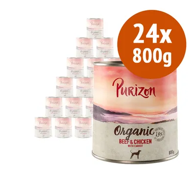 24 lattine da 800 g ciascuna di Purizon Organic Beef & Chicken with Carrot, confezione visibile con testo e illustrazione cane.