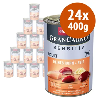 24 lattine da 400 g Animonda GranCarno Sensitiv Adult, pollo puro e riso, senza glutine, ingredienti freschi, Made in Germany. Testo visibile: Reines Huhn + Reis.