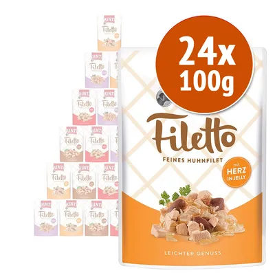 RINTI Filetto Feines Huhnfilet mit Herz in Jelly, confezione da 24x100g. Immagine della confezione con pezzi di filetto e cuore visibili. RINTI Filetto Feines Huhnfilet mit Herz in Jelly, confezione da 24x100g. Immagine della confezione con pezzi di filetto e cuore visibili.