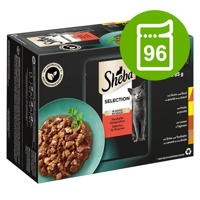 Boîte Sheba Selection en sauce, assortiment pour chat, 96 sachets de 85 g. Variétés visibles : poulet et bœuf, poulet, agneau, canard et dinde. Texte allemand sur l’emballage. Boîte Sheba Selection en sauce, assortiment pour chat, 96 sachets de 85 g. Variétés visibles : poulet et bœuf, poulet, agneau, canard et dinde. Texte allemand sur l’emballage.