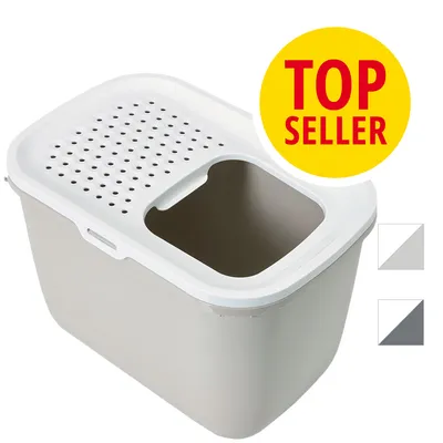 Caja de arena para gatos con entrada superior y tapa perforada, disponible en dos colores. Texto visible: TOP SELLER.