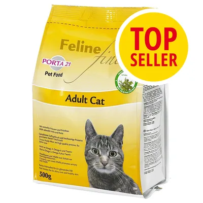 Porta 21 Feline Finest Adult Cat, cibo per gatti adulti, confezione da 500 g. Testo visibile: TOP SELLER. Immagine di un gatto grigio sulla confezione.
