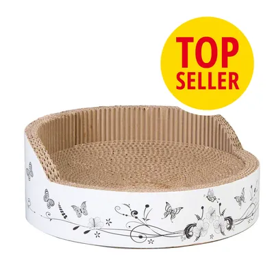 Cama redonda para gatos de cartón con borde alto y diseño de mariposas y flores. Etiqueta amarilla visible: TOP SELLER.