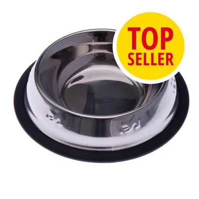 Ciotola in acciaio inox con bordo antiscivolo nero. Cerchio giallo con testo rosso: TOP SELLER.