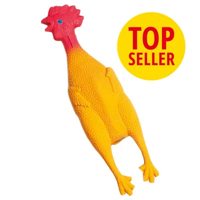 Gumová hračka ve tvaru žluté slepice, nápis TOP SELLER v žlutém kruhu