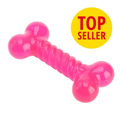 Osso gioco rosa in plastica con scritta 'TOP SELLER' su cerchio giallo.