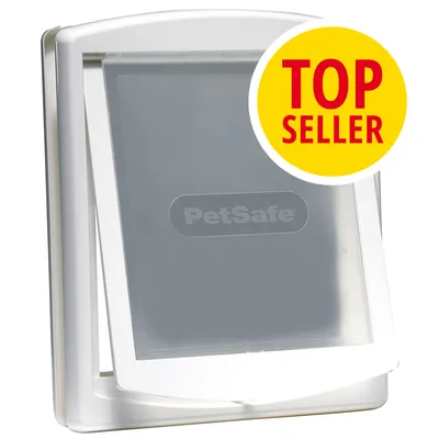 Dvířka pro domácí mazlíčky PetSafe s nápisem TOP SELLER v žlutém kruhu. Dvířka mají průhledný plastový panel a bílý rám.