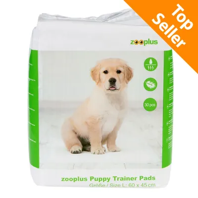 Confezione zooplus Puppy Trainer Pads, 30 pezzi, misura L 60×45 cm, con icone assorbenza e morbidezza. Etichetta arancione in alto a destra: Top Seller. Confezione zooplus Puppy Trainer Pads, 30 pezzi, misura L 60×45 cm, con icone assorbenza e morbidezza. Etichetta arancione in alto a destra: Top Seller.
