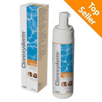 Clorexyderm soluzione schiuma, 200 ml hab állatgyógyászati termék, doboz és flakon látható. Top Seller felirat narancssárga sávban a sarokban. Clorexyderm soluzione schiuma, 200 ml hab állatgyógyászati termék, doboz és flakon látható. Top Seller felirat narancssárga sávban a sarokban.