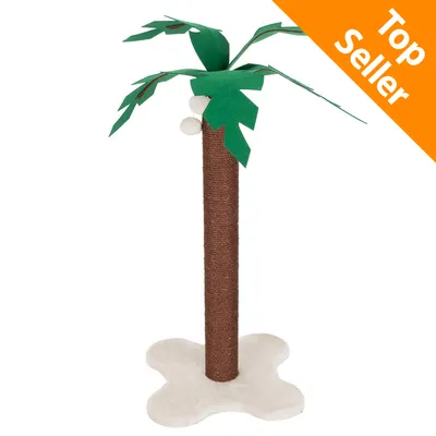 Tiragraffi a forma di palma con base chiara, tronco marrone rivestito in sisal e foglie verdi. Etichetta arancione in alto a destra con testo: Top Seller.