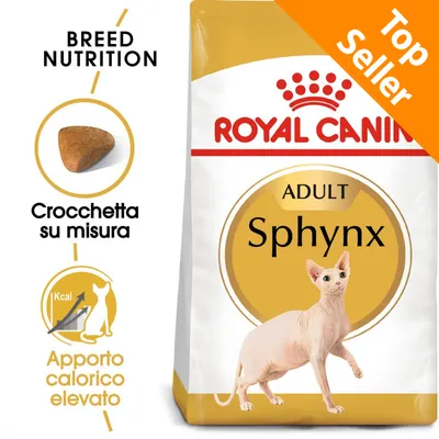 ROYAL CANIN ADULT Sphynx, crocchetta su misura, apporto calorico elevato, Top Seller, confezione con immagine di gatto Sphynx e dettagli nutrizionali visibili.